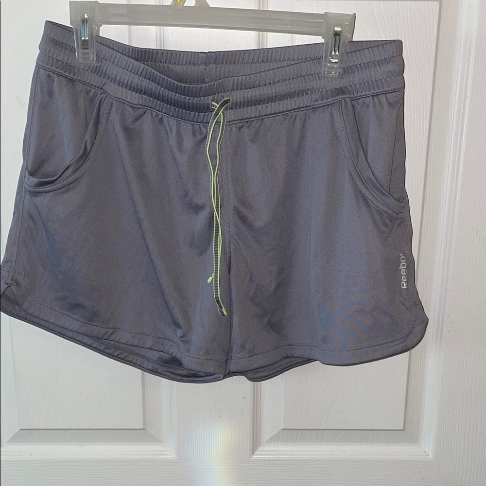 Reebok Gray Athletic Shorts with Neon Lime Drawstring
